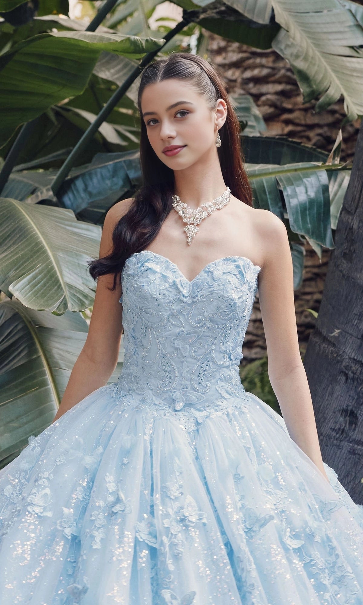 Ethereal Ball Gown Sweetheart Strapless Illusion Back Cathedral Train Quinceanera Dress