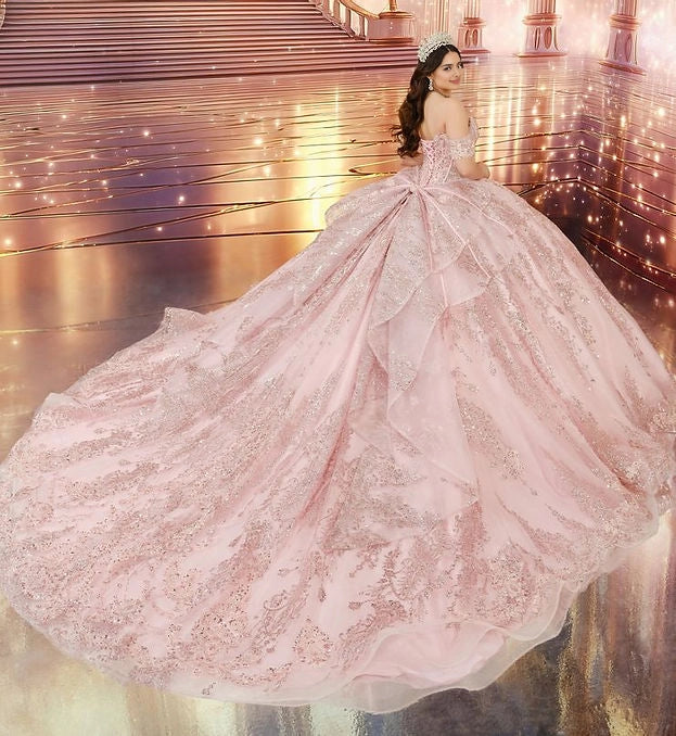 Vedress blush pink quinceañera gown lace-up corset back big layered ruffle bow long glitter tulle train back view