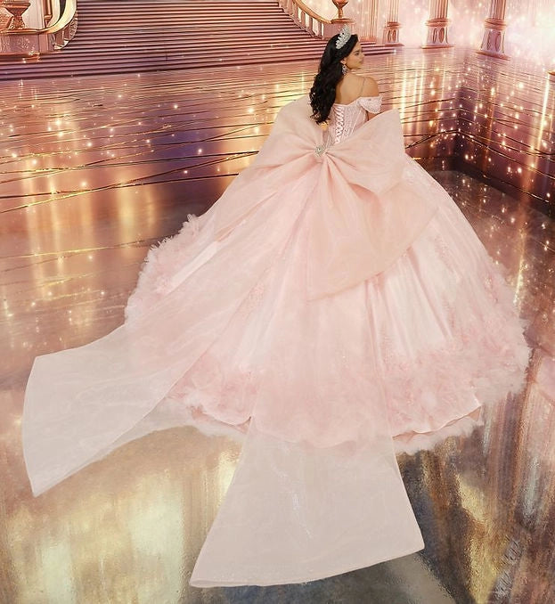 Ball Gown Off Shoulder Sweetheart 3D Floral Corset Big Bow Quinceañera Dress