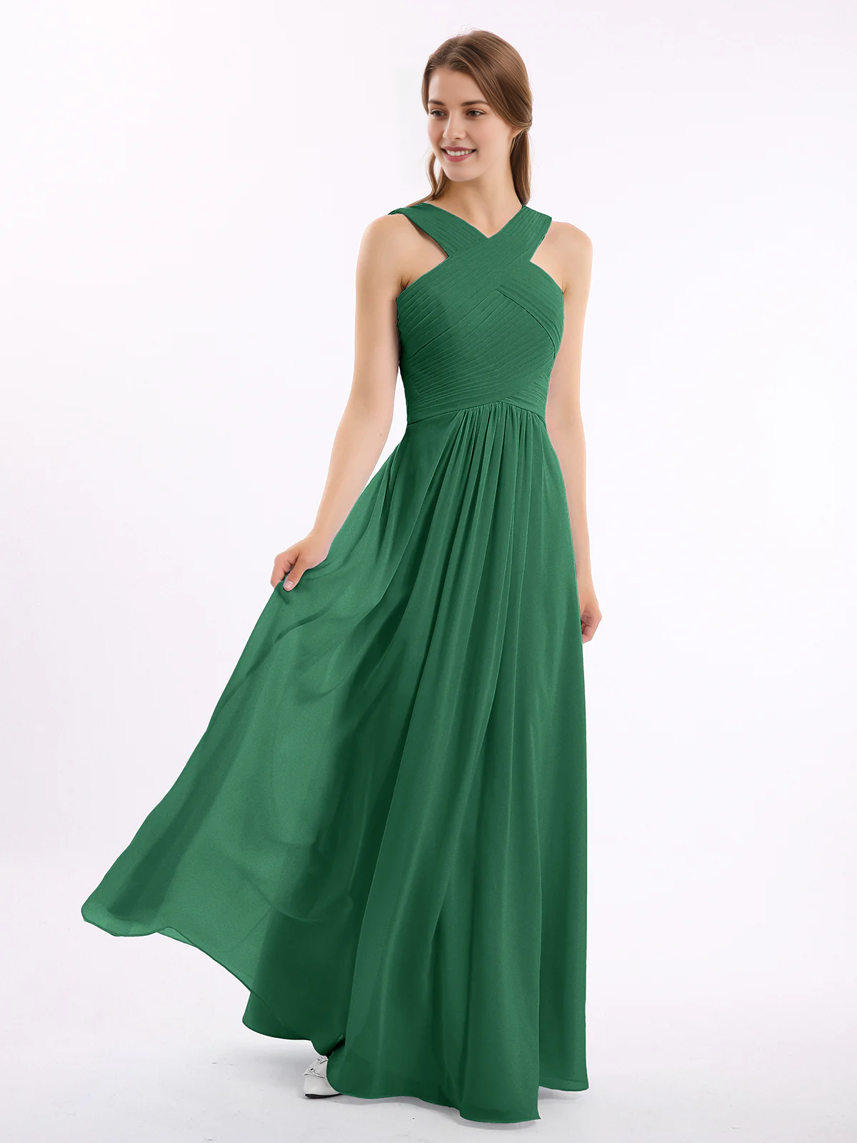 Crisscross Neck Pleated Bodice Flowy Chiffon A-Line Floor-Length Bridesmaid Evening Maxi Dress