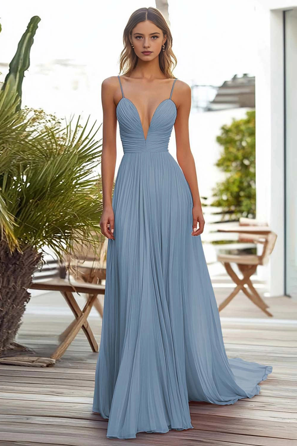Pleated A Line V Neck Straps Lace Up Back Train Maxi Wedding Guest Dress