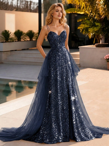 Glam Mermaid Spaghetti Strap Lace Up Back Slit Long Prom Dress