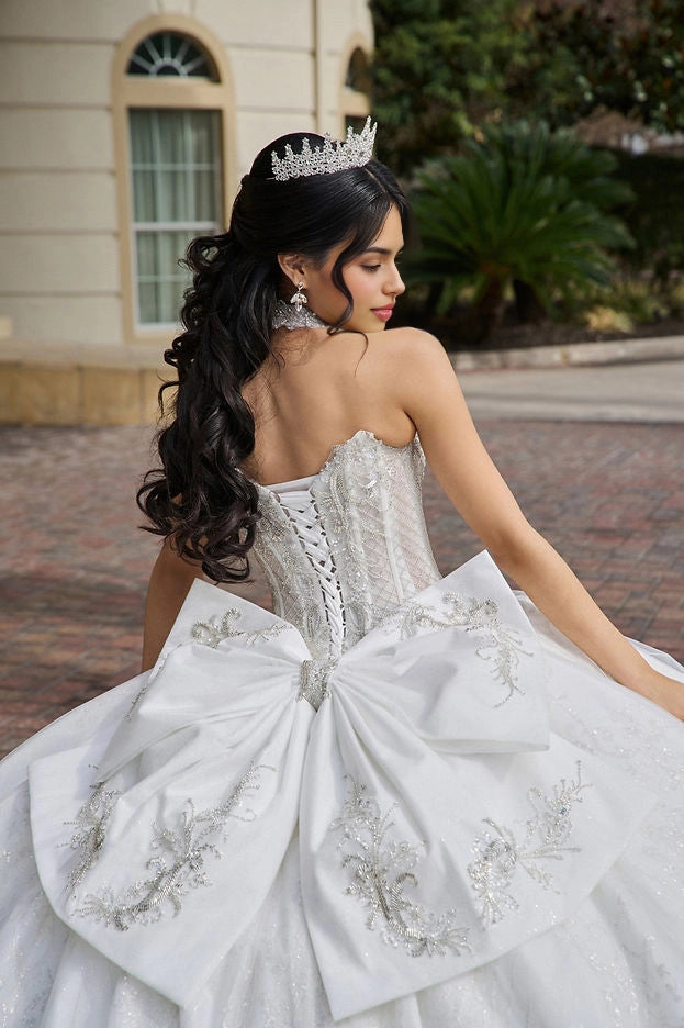 Ball Gown Off Shoulder Beaded Bow Long Train Quinceañera Dress