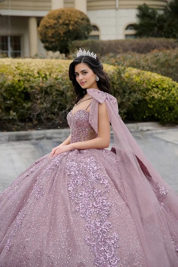 Ball Gown Sweetheart One Shoulder Cape Bow Corset Quinceañera Dress