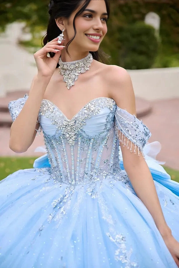Ball Gown Off Shoulder Sequin Bow Long Train Quinceañera Dress