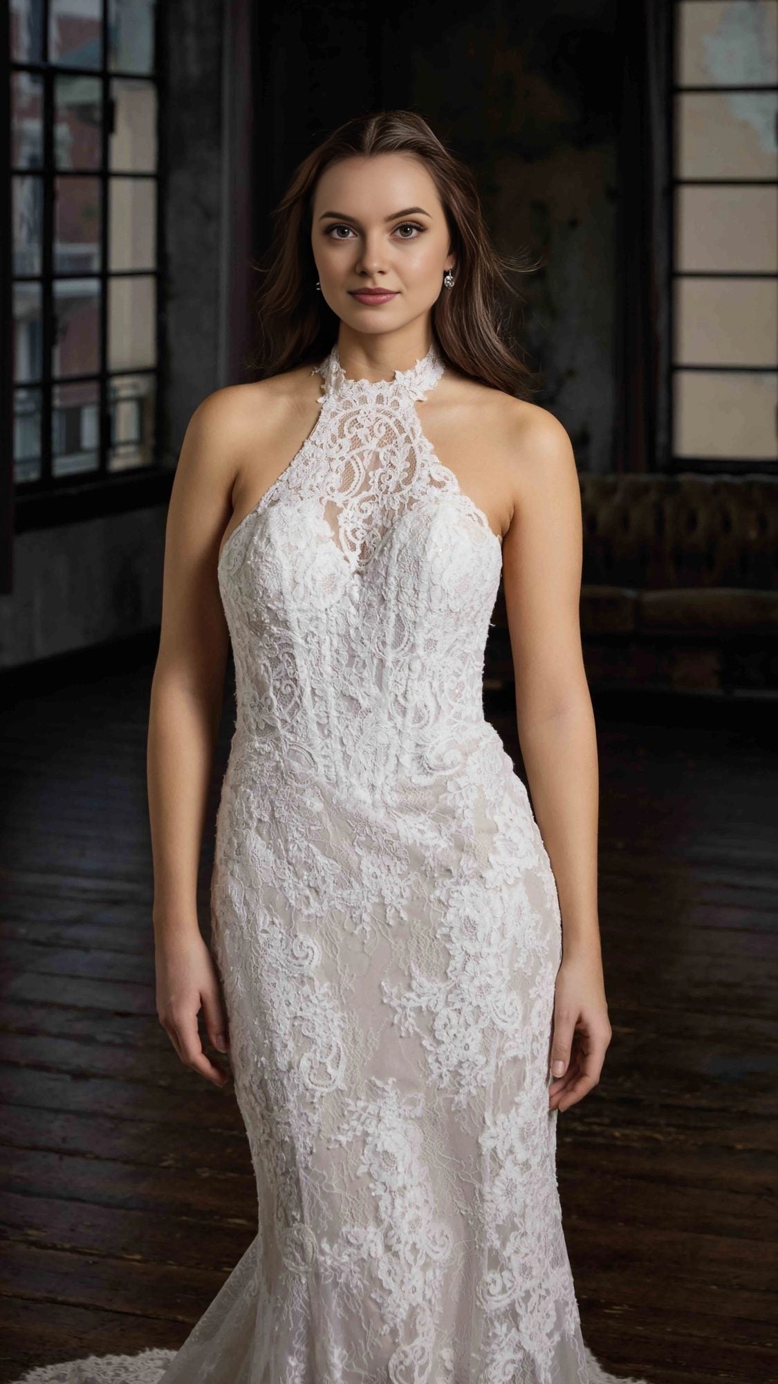 Lace Mermaid Halter Plunge Low Back Chapel Train Wedding dress