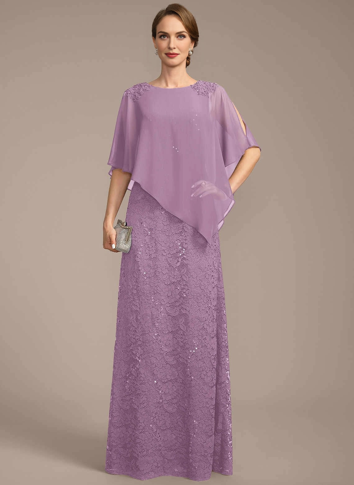 Modest Sheath Bateau Neck Cape Overlay Zipper Back Floor‑Length Mother Of The Bride Dress