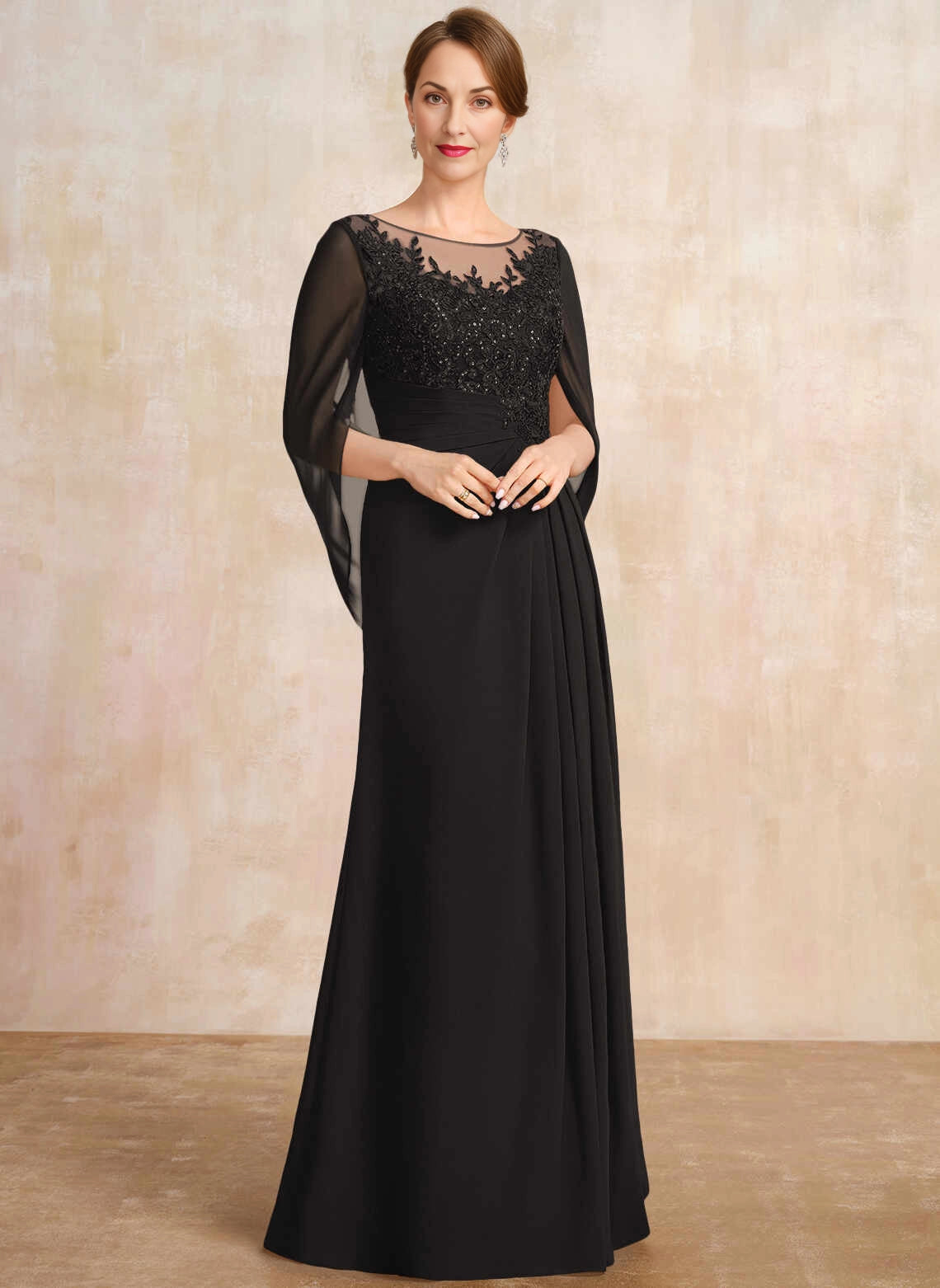 Elegant A‑Line Illusion Neck Cape Sleeve Floor‑Length Mother Of The Bride Dress