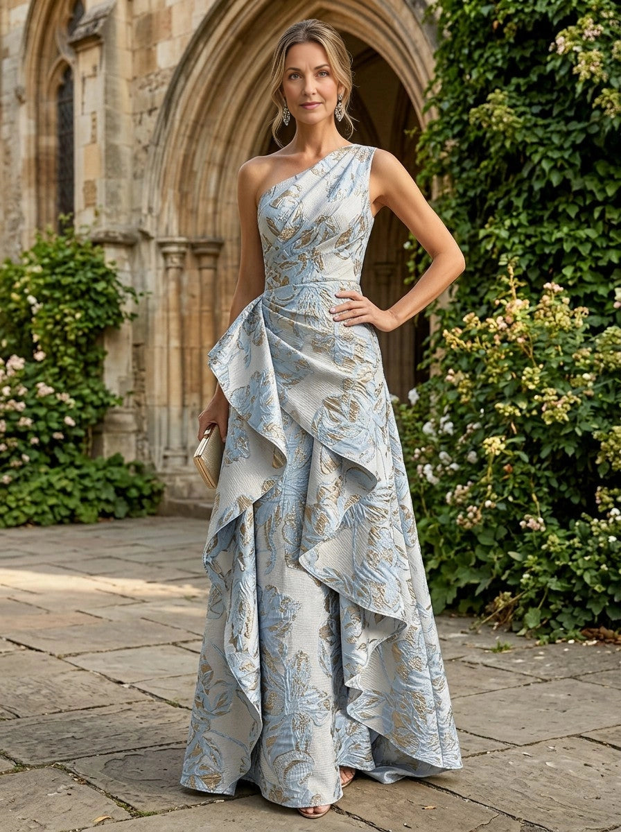 Chic Mermaid One‑Shoulder Sleeveless Zip‑Back Floral Floor‑Length Mother Of The Bride Dress 