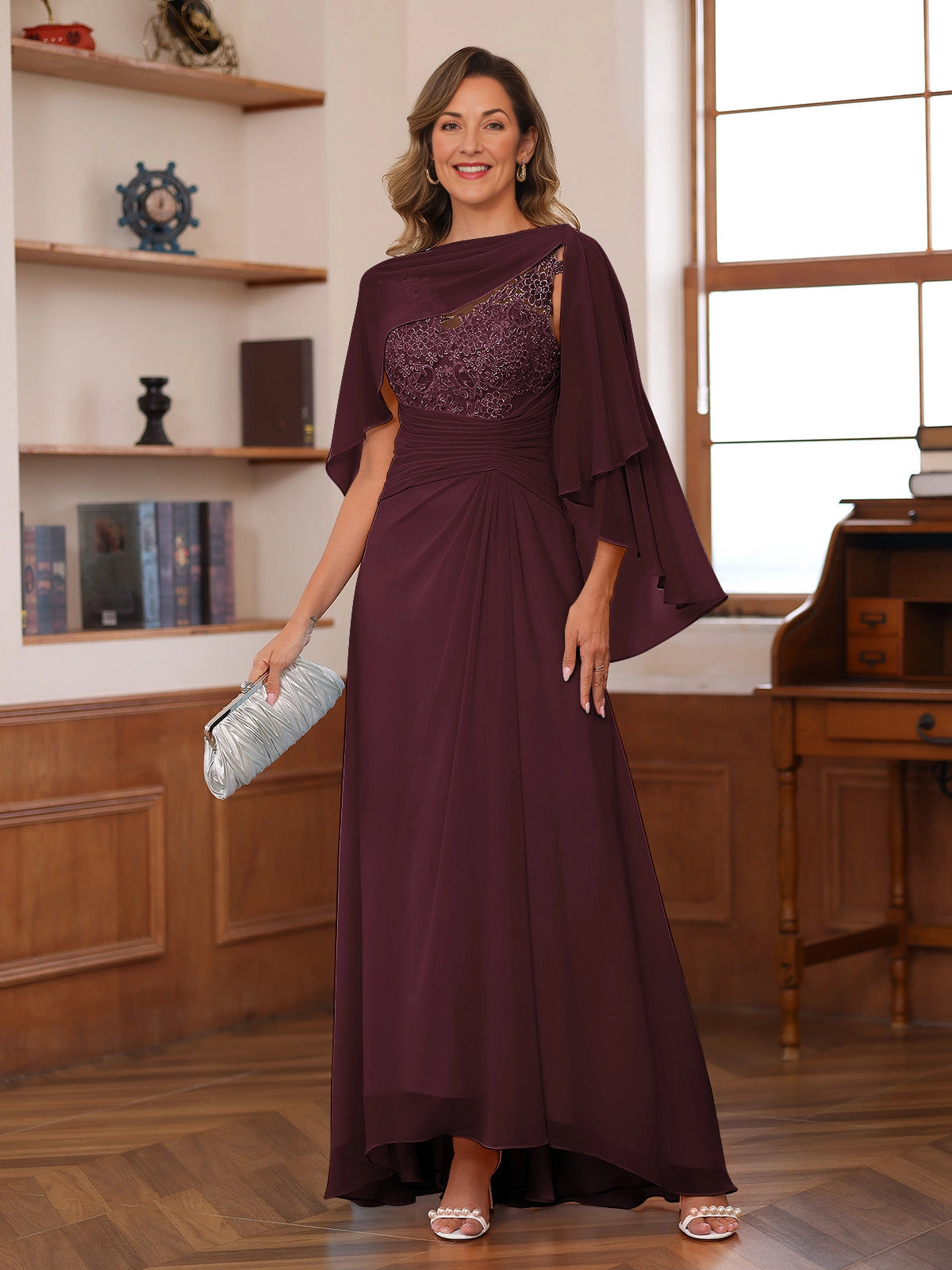 Elegant A Line Bateau Neck Cape Sleeve Sheer Back Floor Length Mother Of The Bride Dress