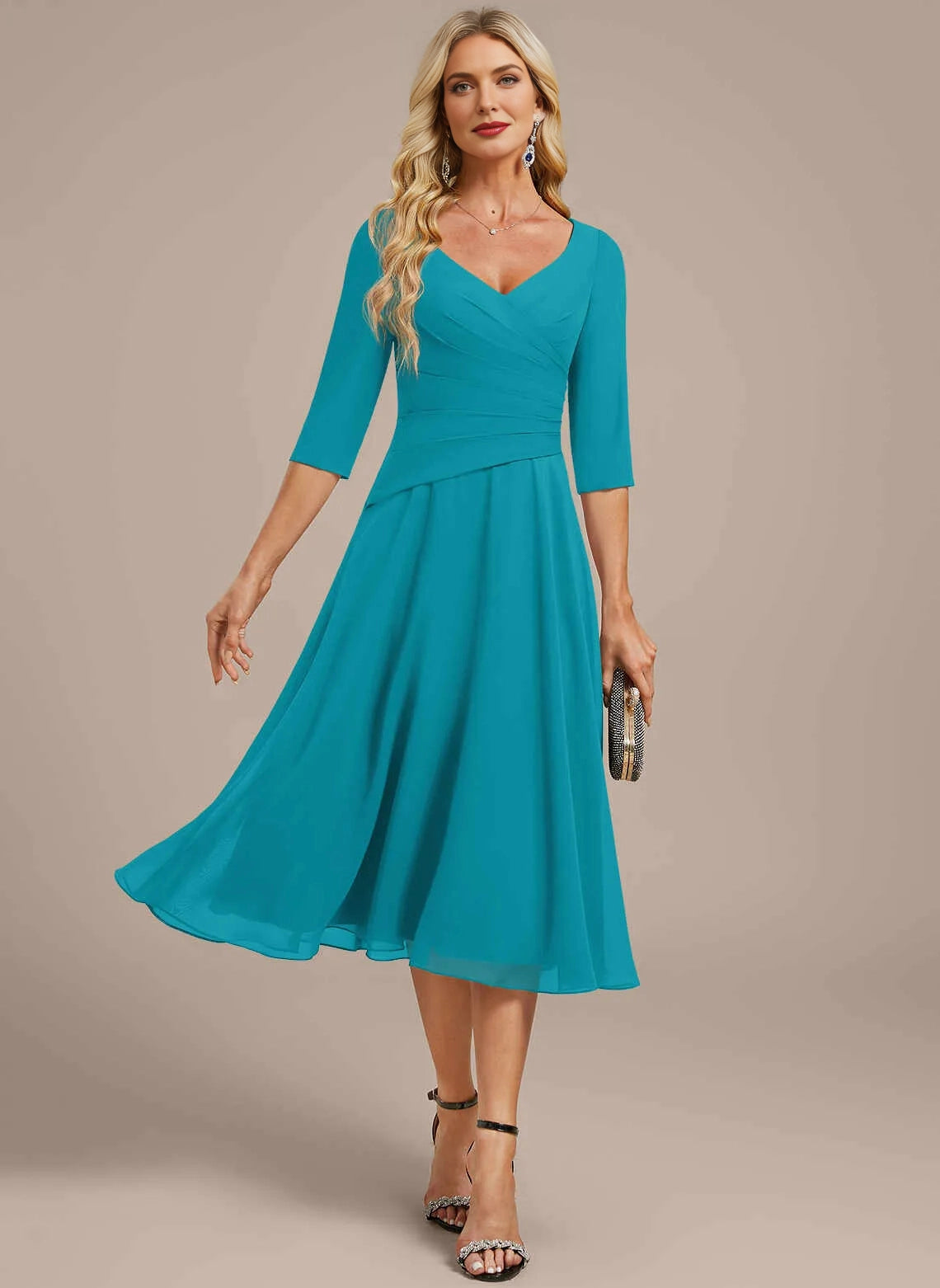 Modest A‑Line V‑Neck 3/4 Sleeve Zipper Back Midi Mother Of The Bride Dress