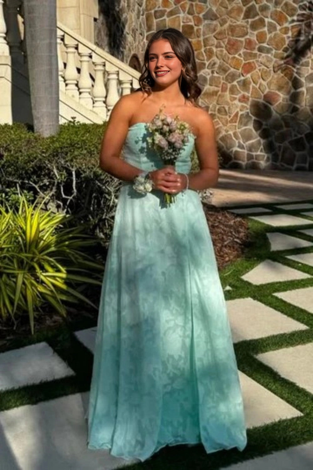 A‑line Strapless Jacquard Cut‑out‑back Slit Floor‑length Prom Dress