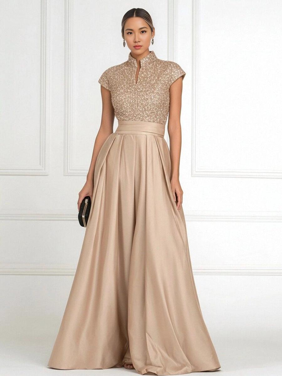 Luxury A-Line High-Neck Cap-Sleeve Zip-Back Floor-Length Plus Size Mother of the Bride Dress