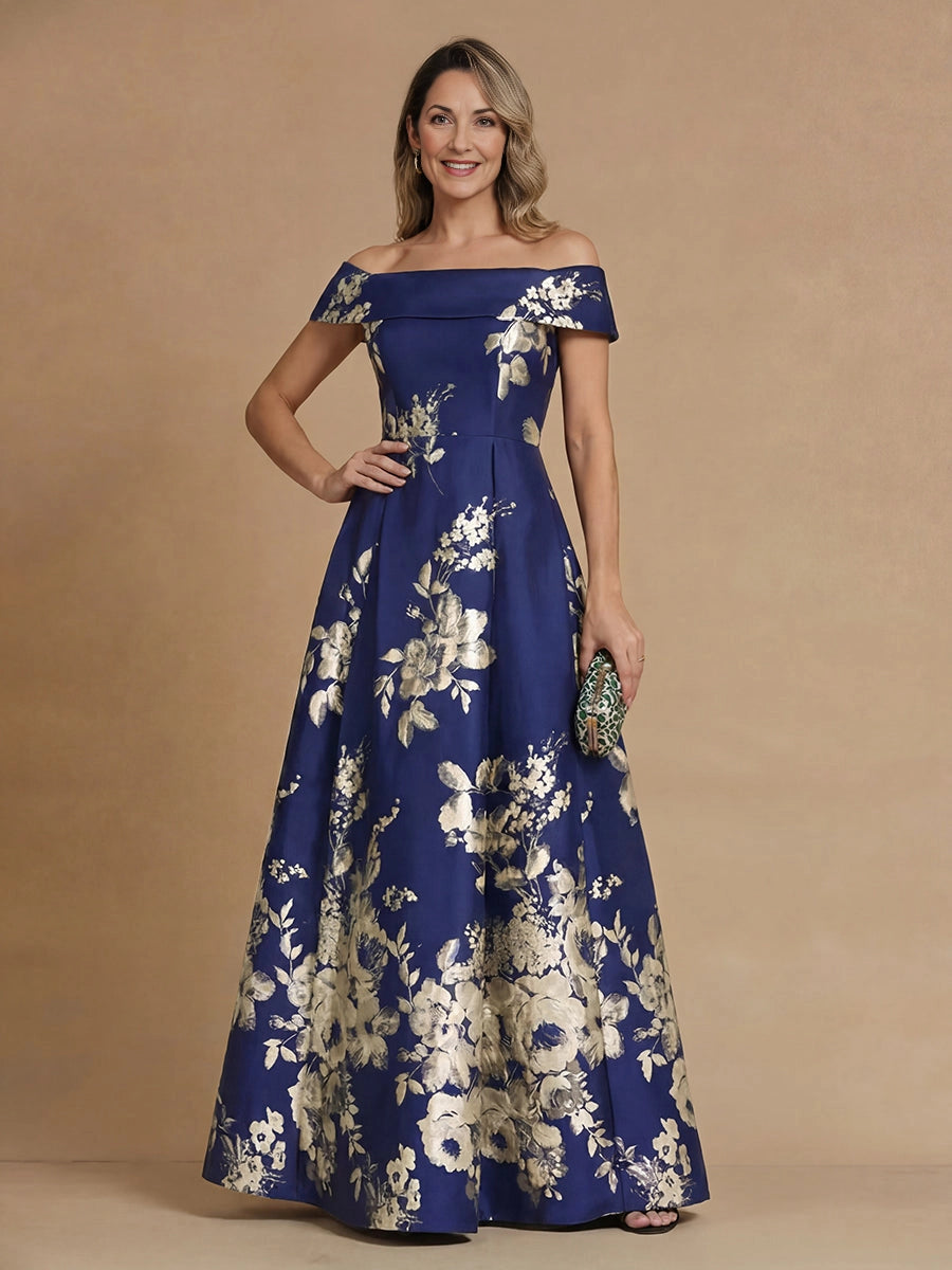 Elegant A‑Line Off‑The‑Shoulder Short‑Sleeve Zip‑Back Long Mother Of The Bride Dress