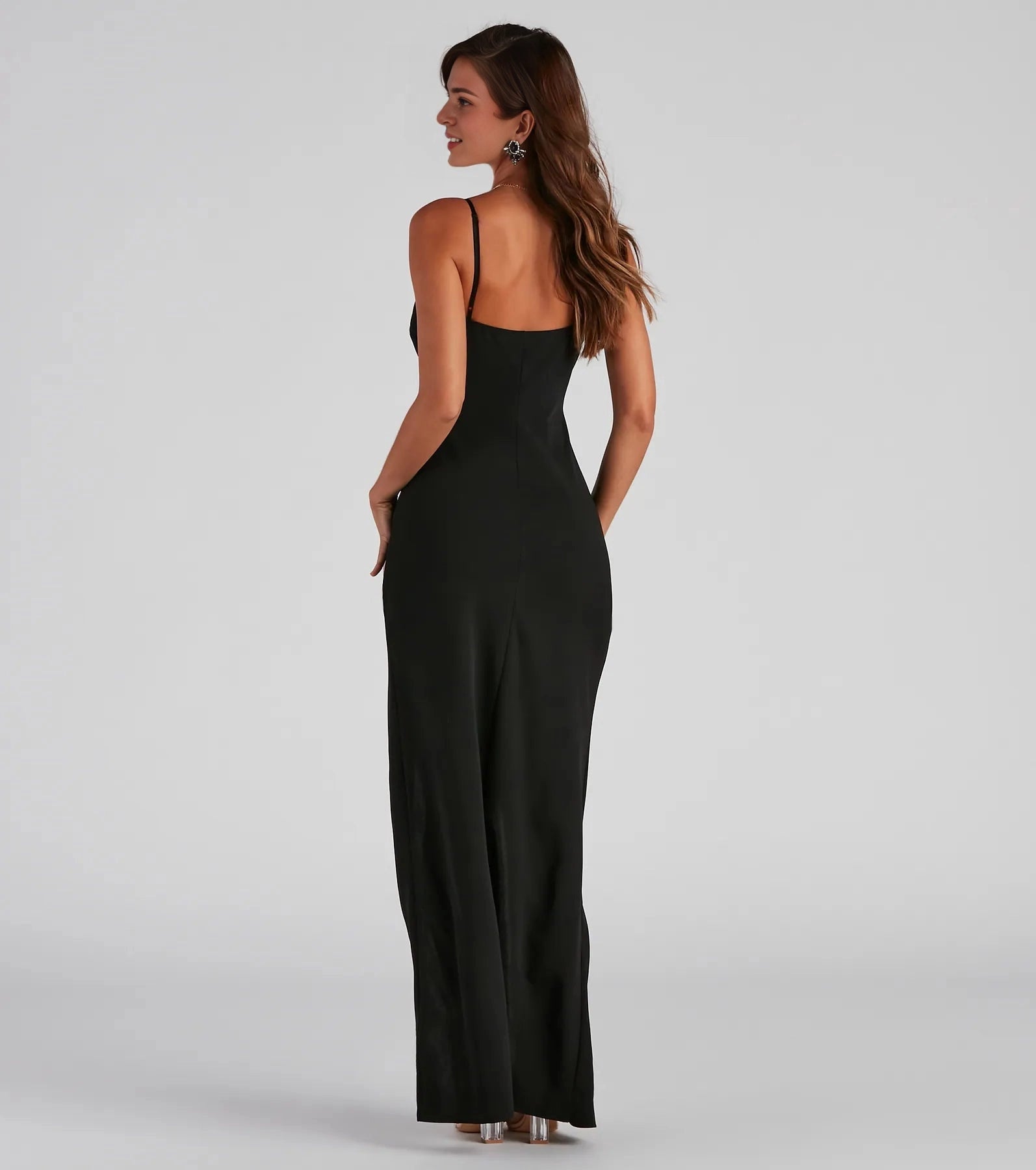 Forest Green A-Line Deep V Spaghetti Strap Closed Back Long Prom Dress