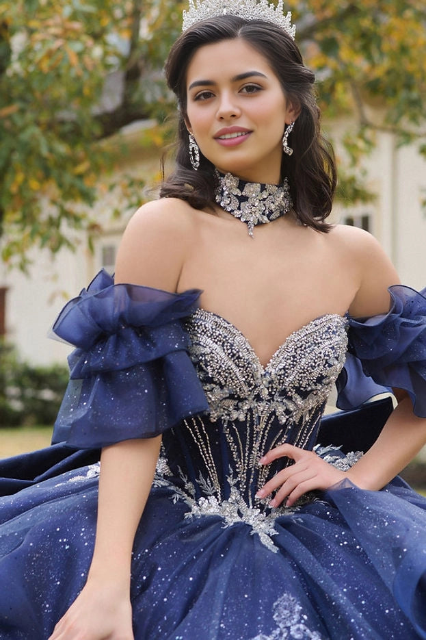 Ball Gown Off Shoulder Ruffle Bow Long Train Quinceañera Dress
