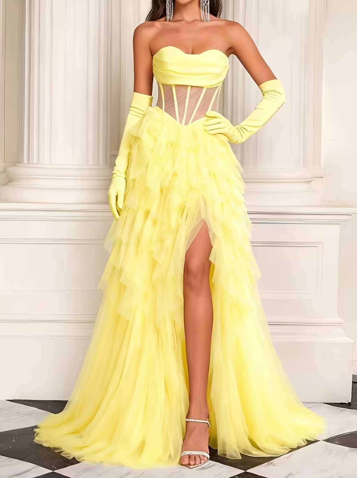 Elegante vestido de fiesta de cumpleaños con corsé sin tirantes, corte en A, estilo princesa, con abertura alta de tul, SIN guantes de terciopelo