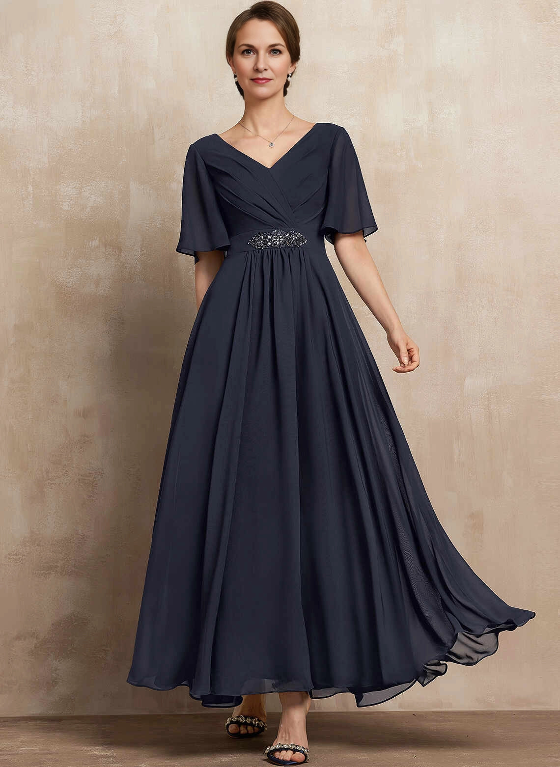 Vedress Navy V‑Neck Flutter Sleeve Beaded Waist Mother Dress Front View