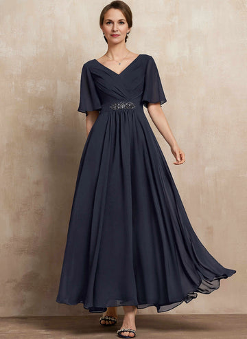 Vedress Navy V‑Neck Flutter Sleeve Beaded Waist Mother Dress Front View