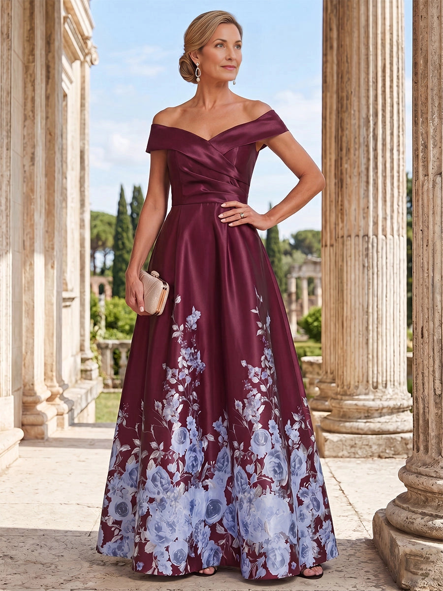 Luxury A‑Line Off‑The‑Shoulder Cap‑Sleeve Zip‑Back Long Mother Of The Bride Dress