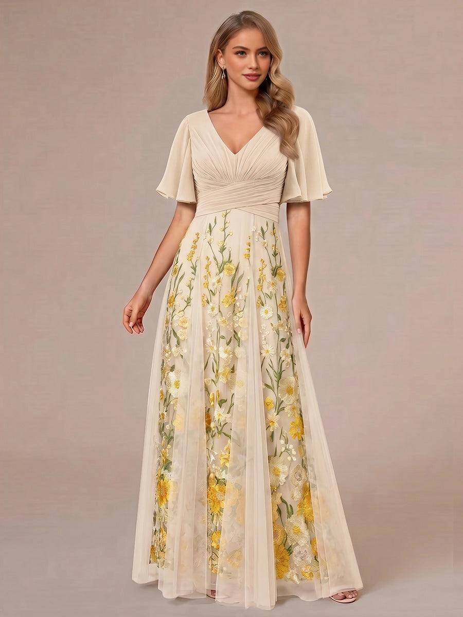 Charming Dusty Pink A-Line V-Neck Flutter-Sleeve V-Back Floor-Length Mother Of The Bride Dress