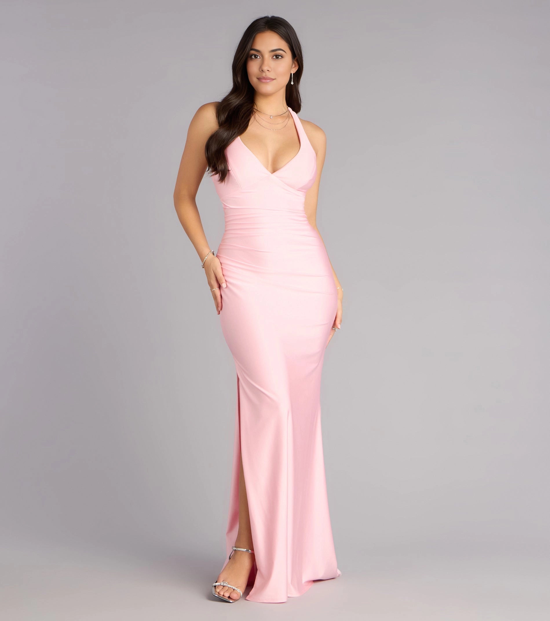 Pale Yellow Mermaid Halter Deep V Wrap Tie Back Long Prom Dress 