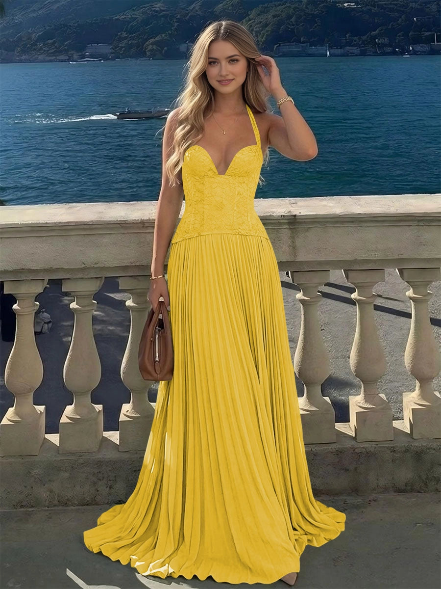 Bohemian A‑Line Halter Lace Criss‑Cross‑Back Floor‑Length Bridesmaid Dress