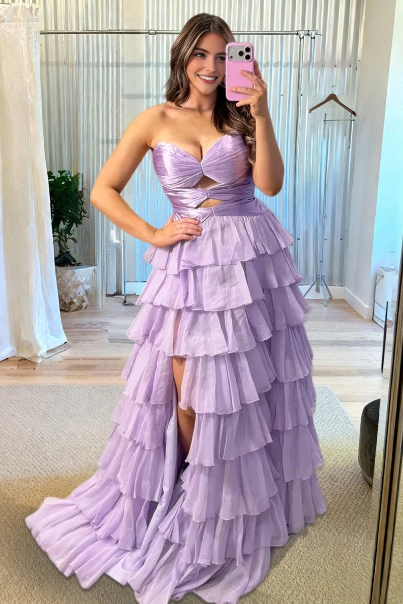 Bright Hot‑Pink A‑Line Strapless Sleeveless Lace‑Up‑Back High‑Slit Tiered Floor‑Length Prom Dress