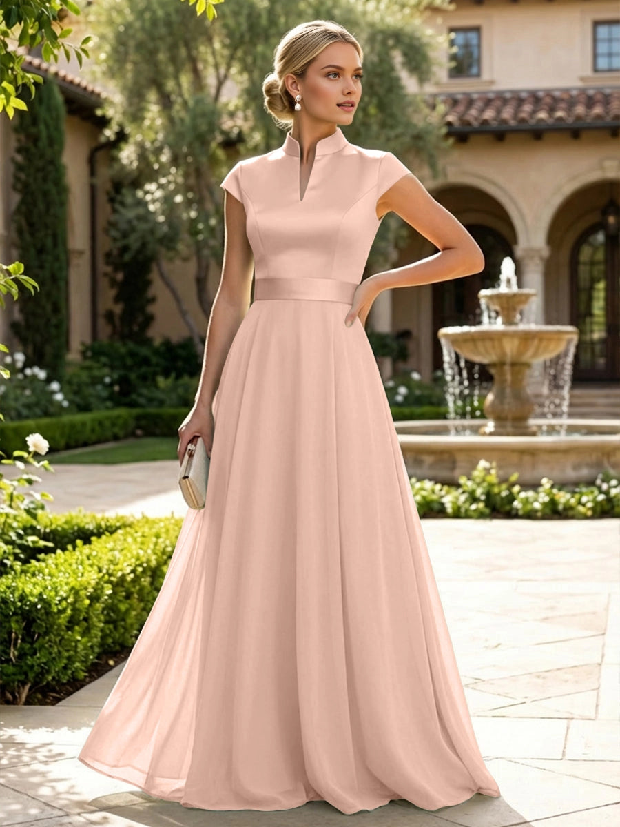 Elegant Sage A‑Line Stand‑Collar Cap‑Sleeve Zip‑Back Floor‑Length Mother Of The Bride Dress