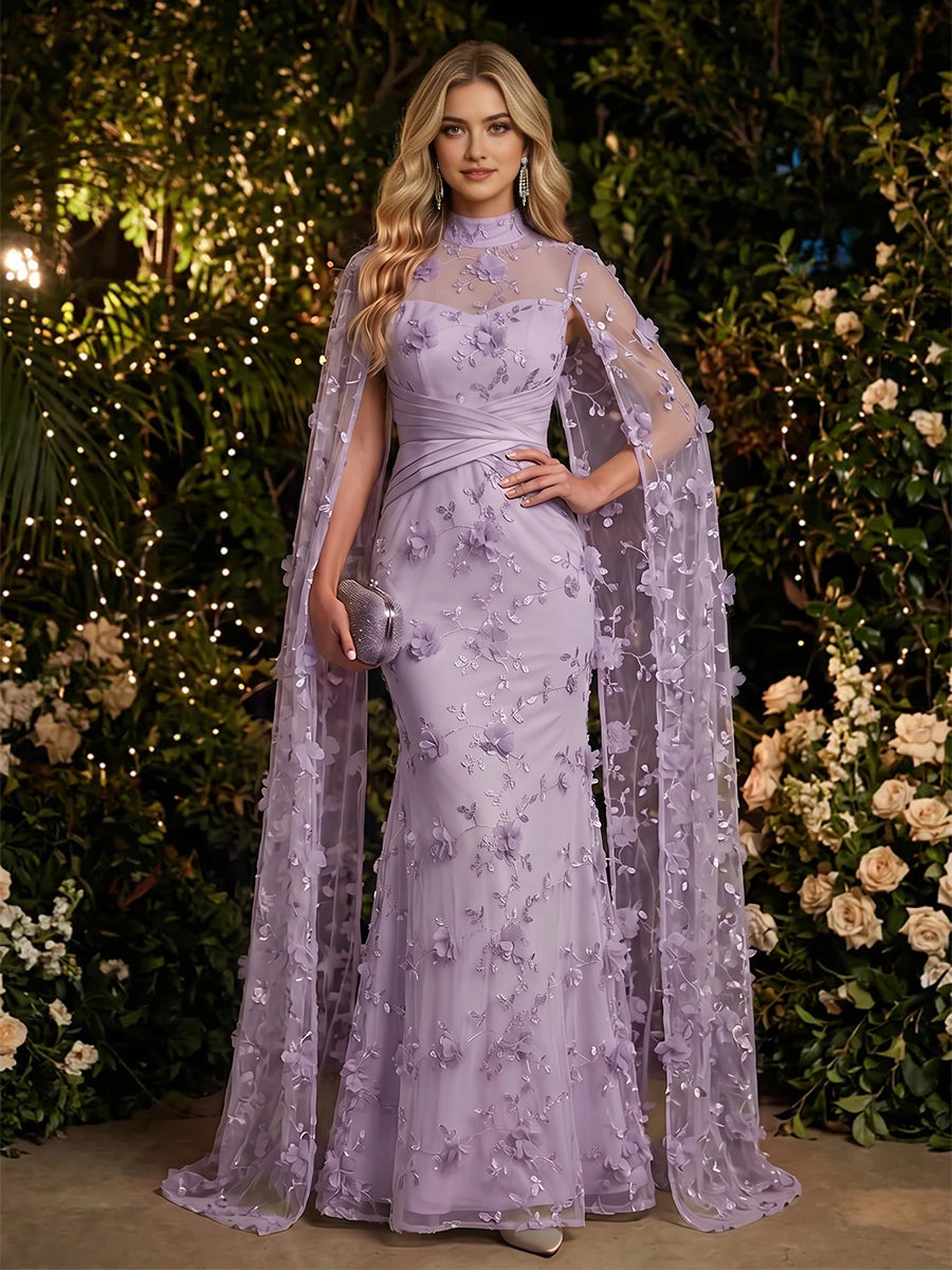 Mermaid High‑Neck Cape‑Sleeve Zip‑Back Floor‑Length Prom Dress 