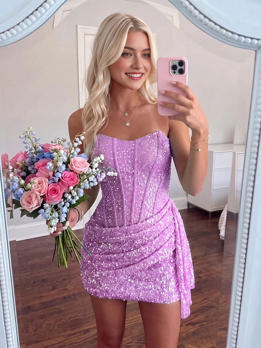 Sparkling Sequin Sheath Sweetheart Strapless Sleeveless Zip‑Back Mini Homecoming Dress