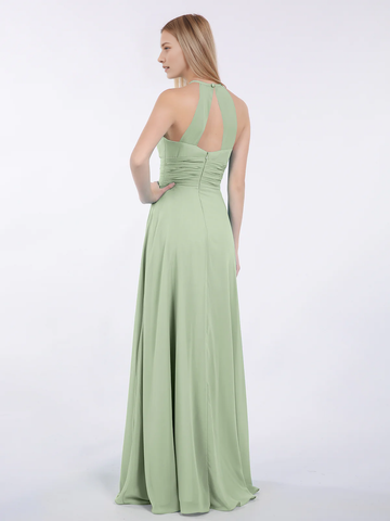 High Neck Halter Pleated Ruched Chiffon Bridesmaid Maxi Dress with Open Back & Pockets