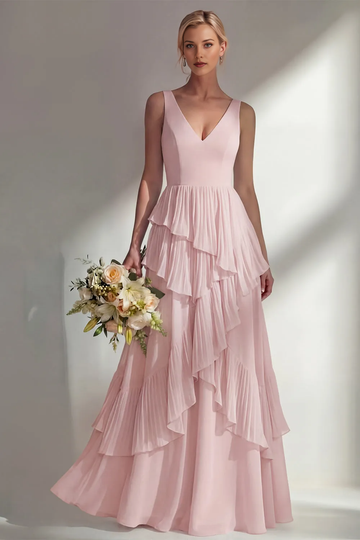 Vedress Dusty Blue V-Neck Tiered Chiffon Bridesmaid Dress with Cascading Ruffle Skirt