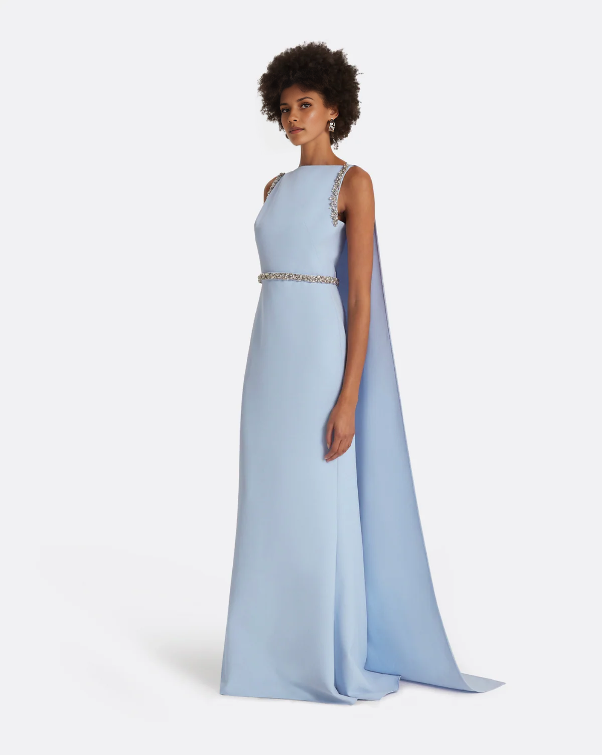 Bateau Neck Crystal Embellished Cape Sleeve Mermaid Evening Gown