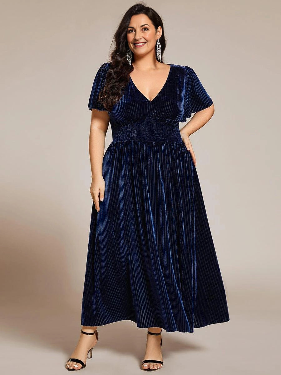 Rust‑Brown A‑Line V‑Neck Flutter‑Sleeve Plain‑Back Midi Mother Of The Bride Dress