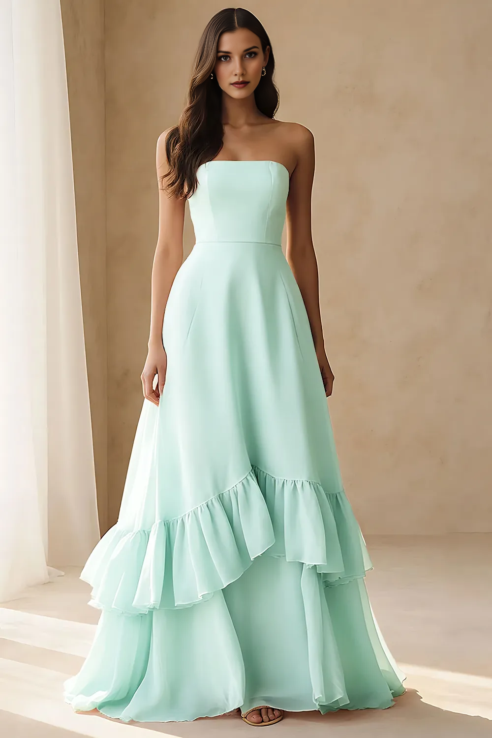 Strapless Tiered Ruffle Chiffon A-Line Formal Evening Gown