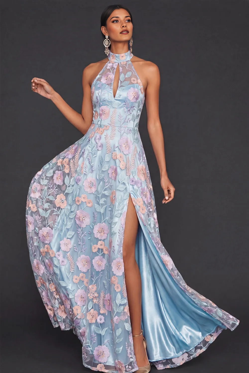 Halter Neck Floral Embroidery Tulle A-Line Gown with Keyhole Cutout & High Slit