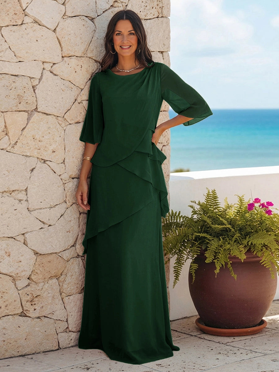 Elegant Pink A‑Line Round Neck Bell‑Sleeve Zip‑Back Floor‑Length Mother‑of‑the‑Bride Dress