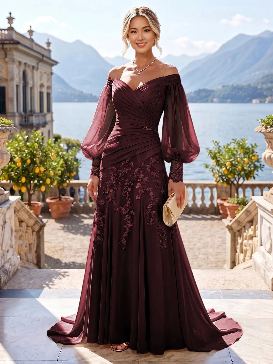 Romantic Mermaid Off-Shoulder Puff-Sleeve Zip-Back Sweep-Train Plus Size Mother of the Bride Dress
