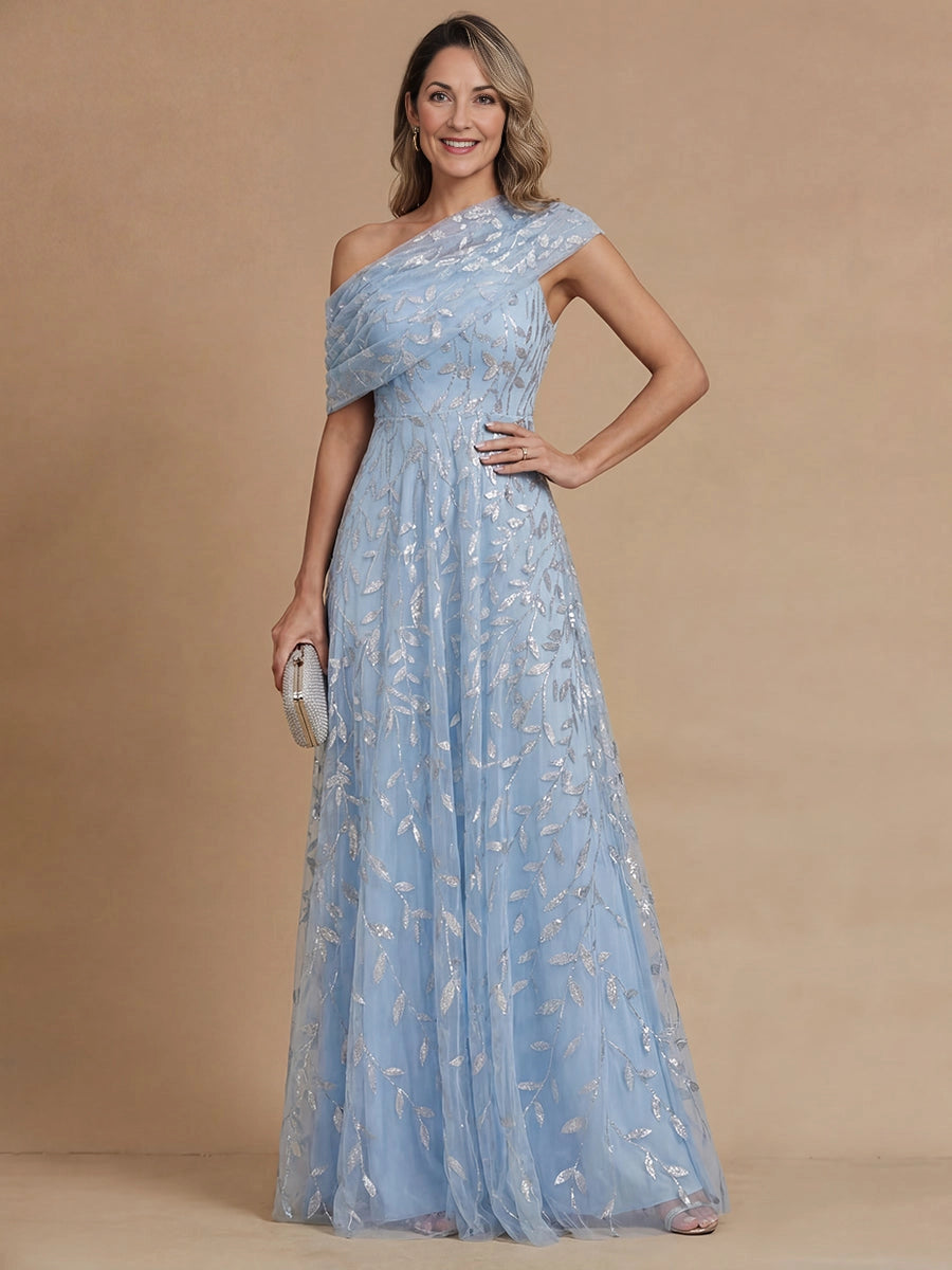 Romantic A‑Line One‑Shoulder Single‑Sleeve Zip‑Back Long Mother Of The Bride Dress