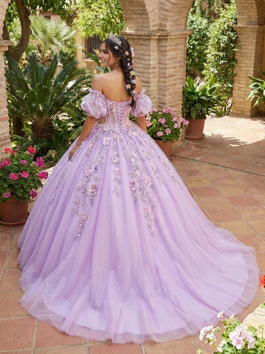 Vedress lavender quinceanera dress off-shoulder lace-up corset back puff sleeve 3D flower court train ballgown back view
