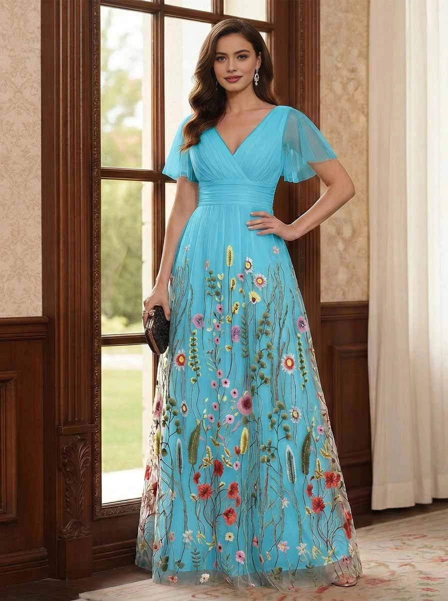 Gorgeous Black A‑Line V‑Neck Flutter‑Sleeve V‑Back Floor‑Length Floral Embroidered Mother Of The Bride Dress