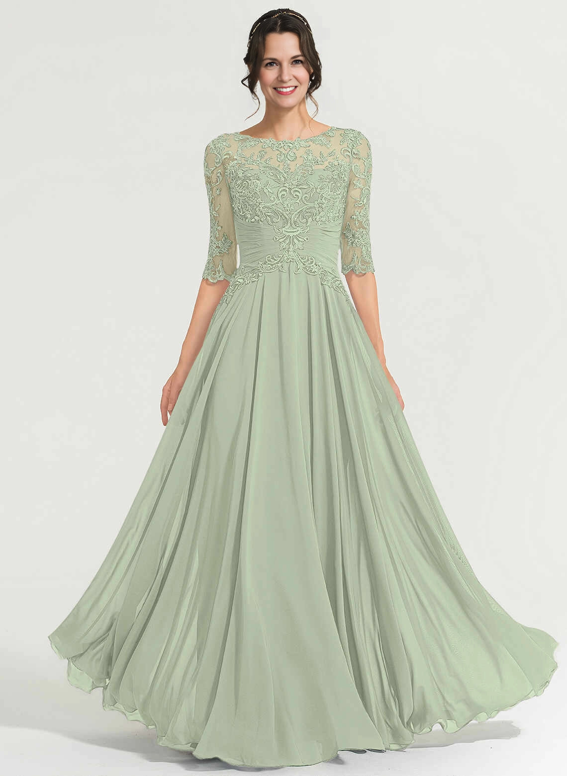 Modest A‑Line Illusion Neck Half Sleeve Zipper Back Long Mother Of The Bride Dress