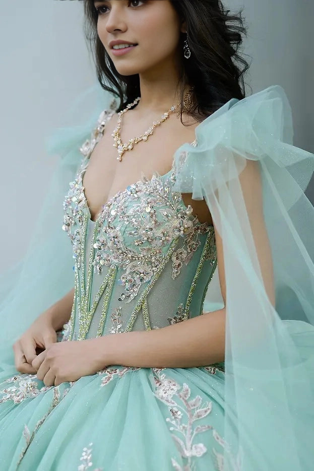 Ball Gown V Neck Tulle Strap Corset Back Train Quinceañera Dress