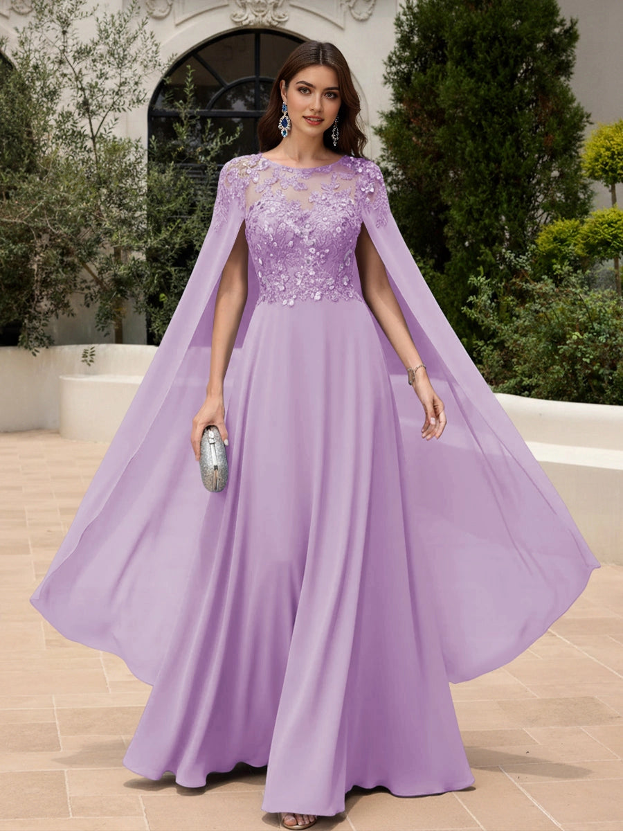 Elegant A‑Line Illusion Neck Cape Sleeve Solid Back Floor‑Length Prom Dress 