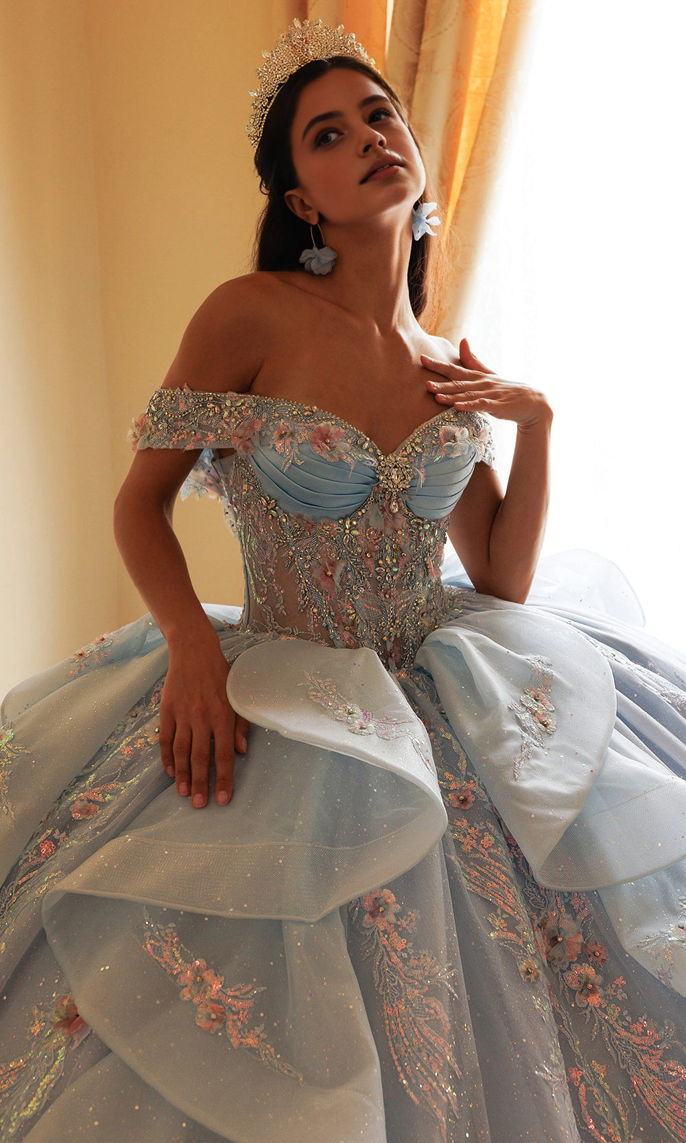 Ball Gown Off‑Shoulder Sweetheart Corset Back Big Bow Long Train Quinceanera Dress
