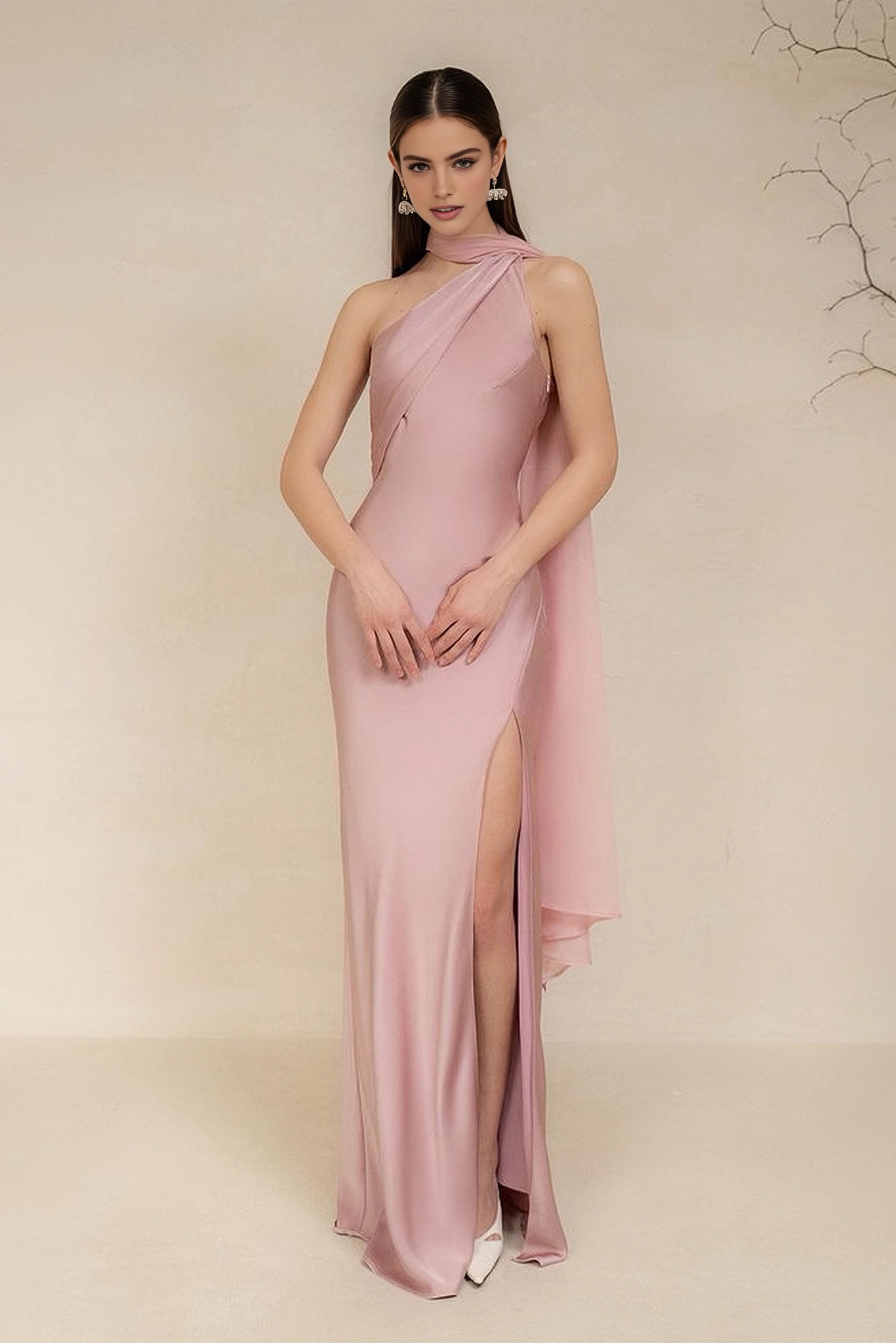 Satin Sheath One‑Shoulder Halter Tie‑Back Slit Maxi Prom Dress