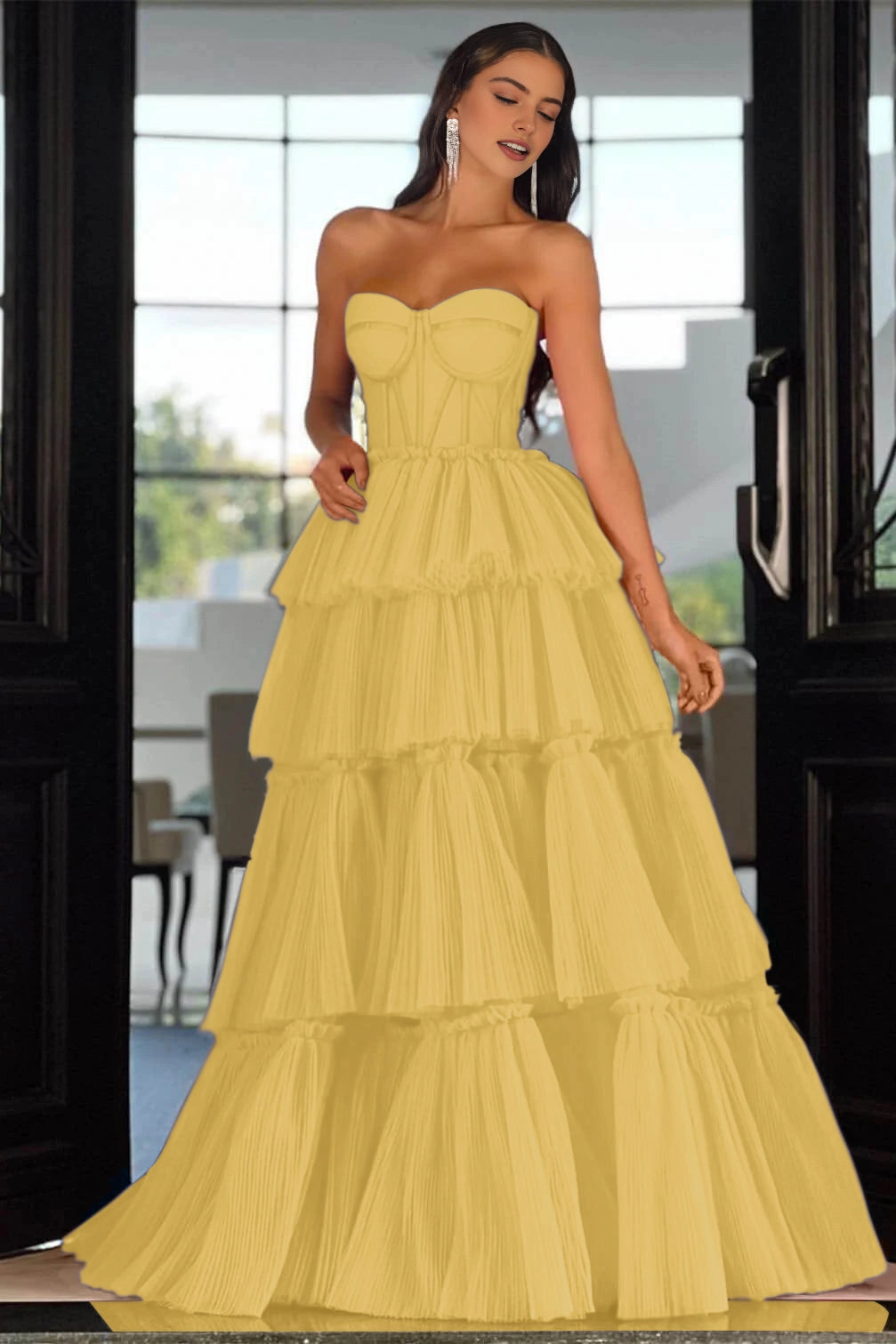 Vibrant Hot‑Pink A‑Line Strapless Sleeveless Lace‑Up‑Back Tiered Floor‑Length Prom Dress