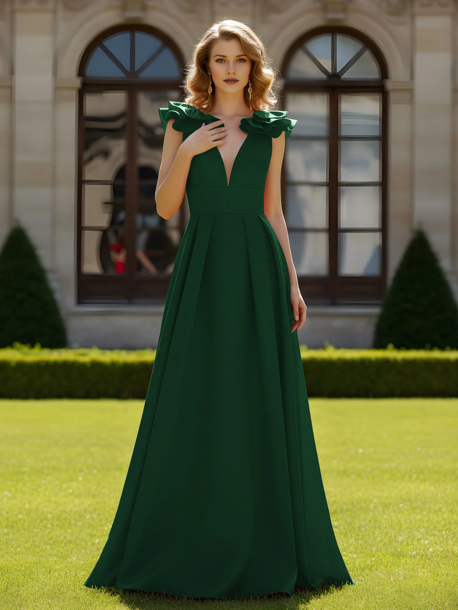 Deep V-Neck Ruffle Shoulder A-Line Floor-Length Formal Evening Gown
