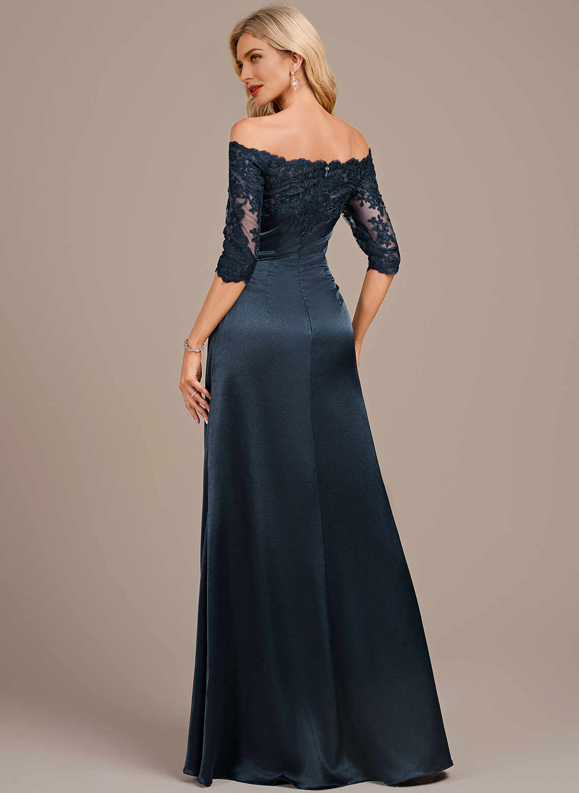 Vedress 3/4 Lace Sleeve Zipper‑Back Floor‑Length Evening Gown Back View